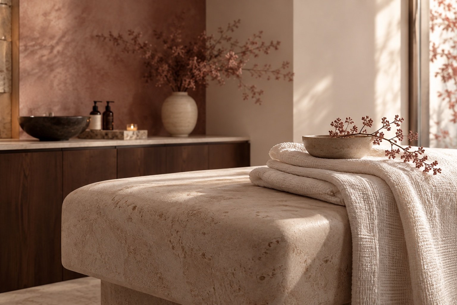 Warm spa setting with folded linen and a ceramic vessel