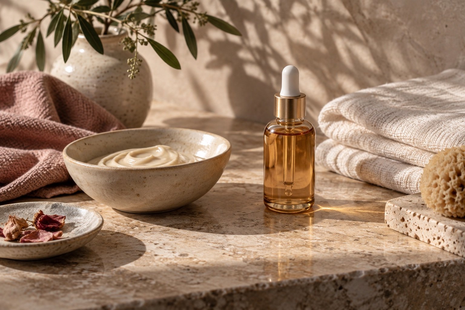 Facial care essentials with serum, ceramic bowl and soft linen