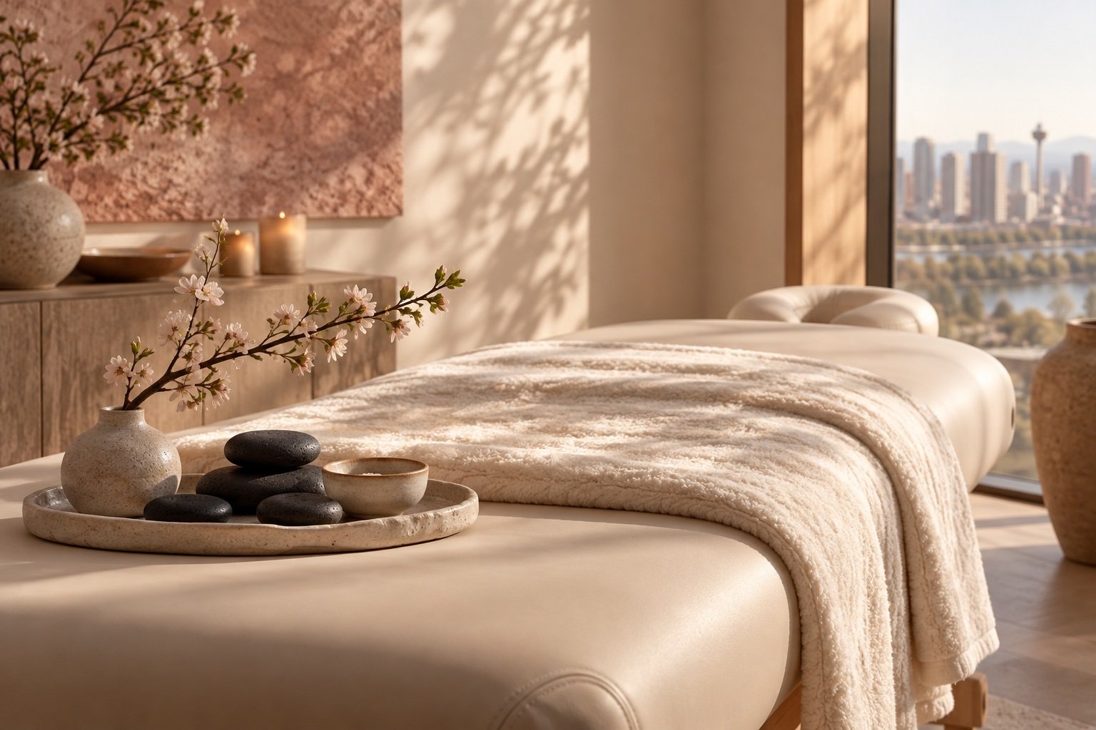 Prepared massage table with warm stones and folded blanket