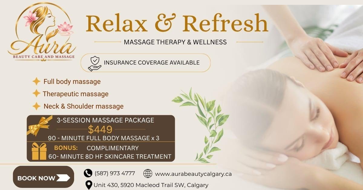 Aura Beauty Care and Massage — relax and refresh massage therapy package, 3-session 90-minute full body massage
