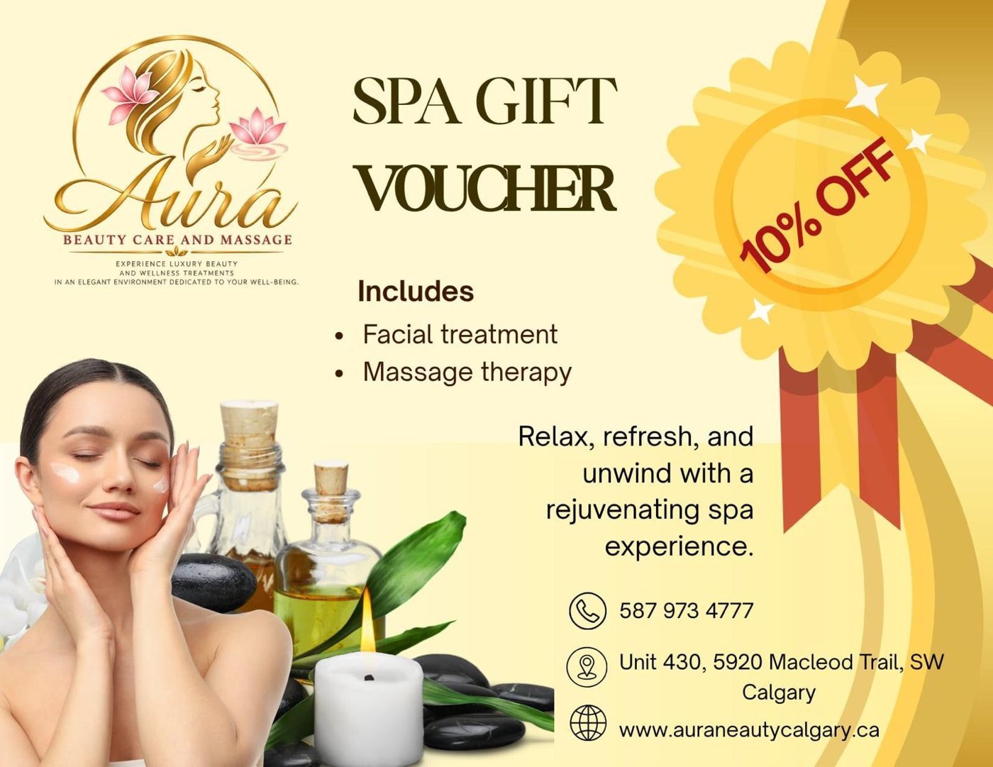 Aura Beauty Care and Massage spa gift voucher — 10% off, includes a facial treatment and massage therapy